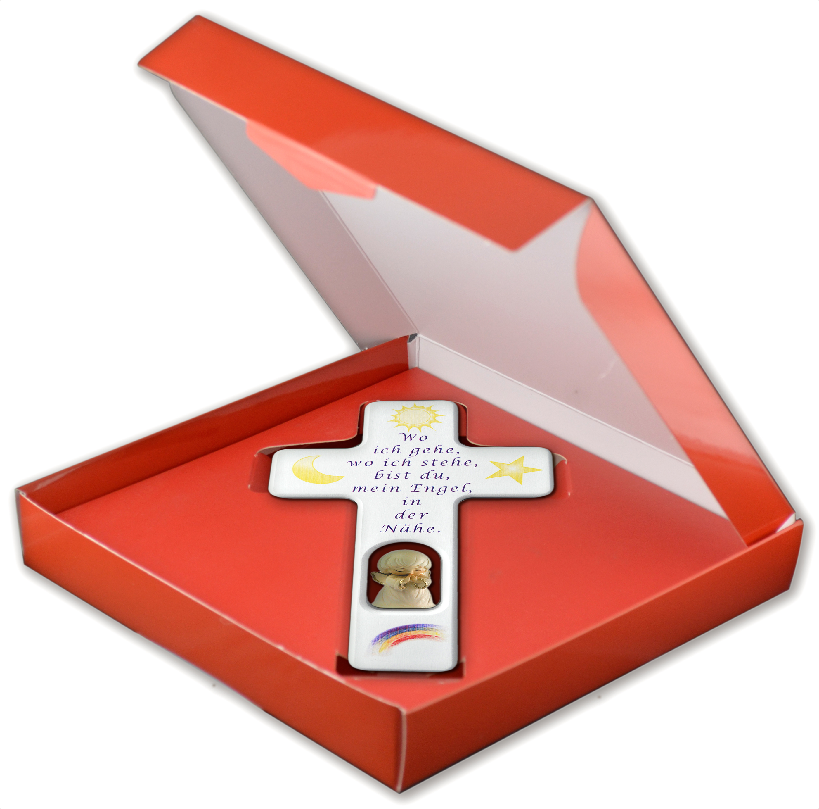 Kreuz weiß mit Engel Wo ich gehe in BOX