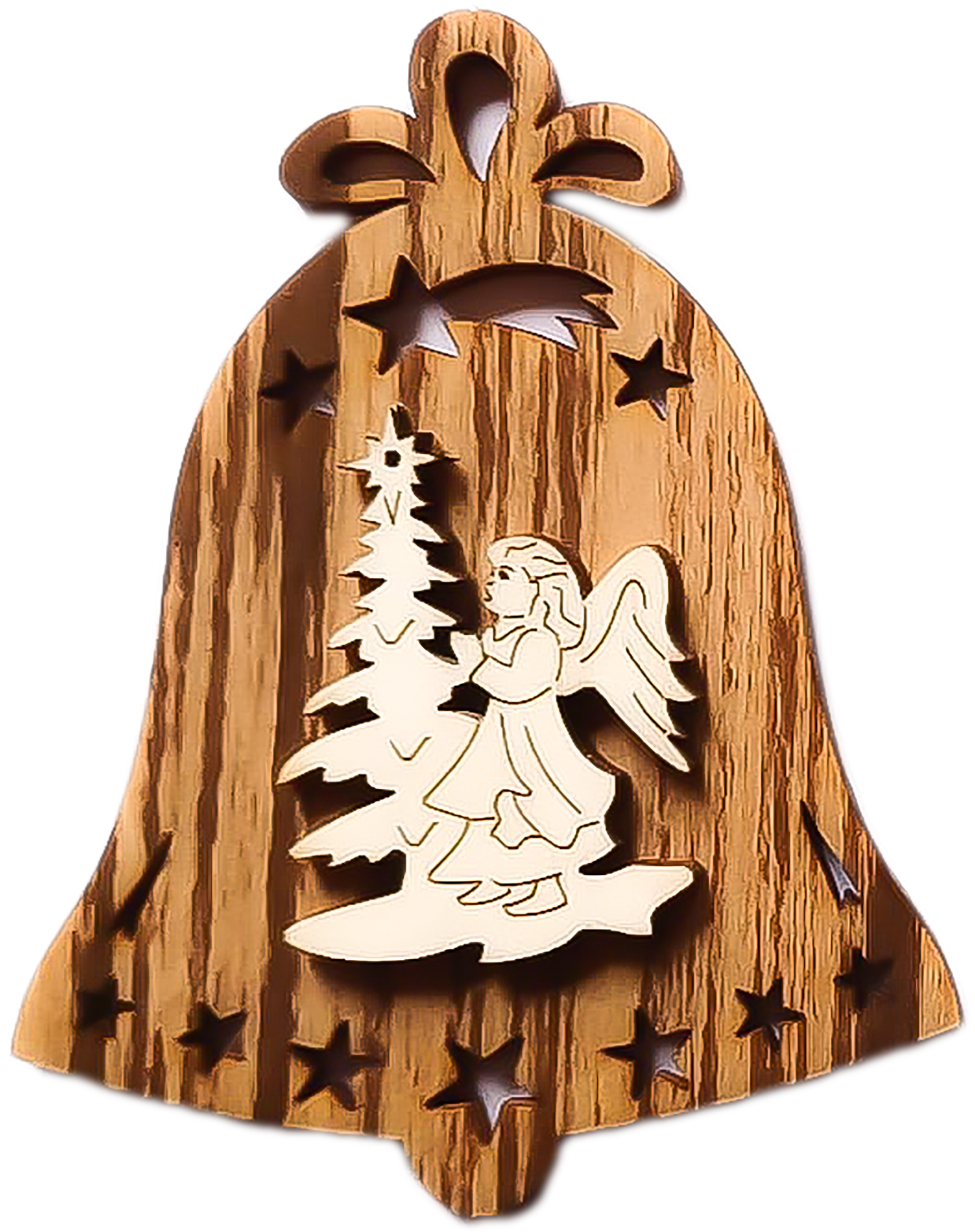 Angel with Christmas tree on both sides of bell