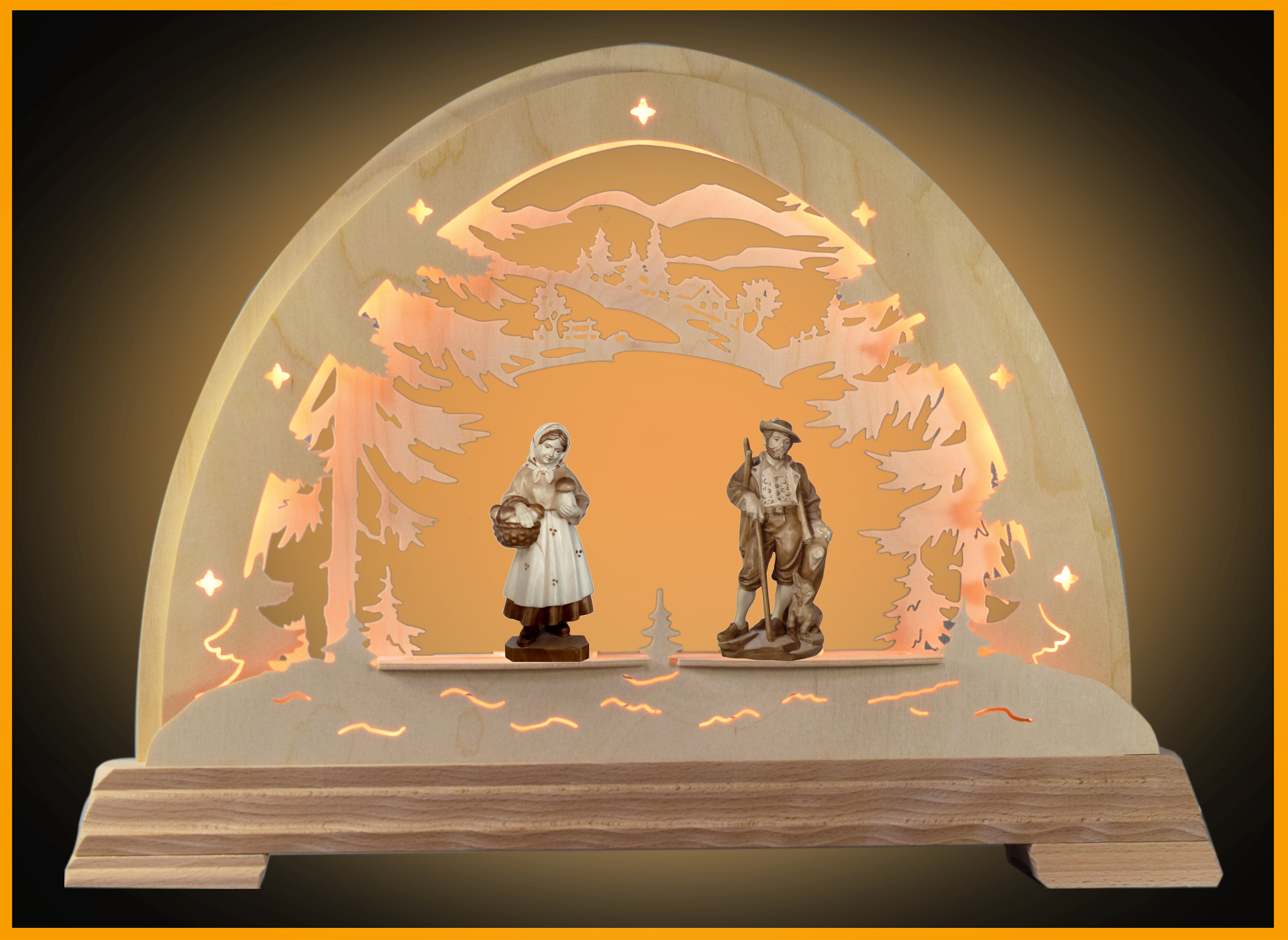 LED Rundbogen Wald 49x37cm mit 2 Waldleute 10cm