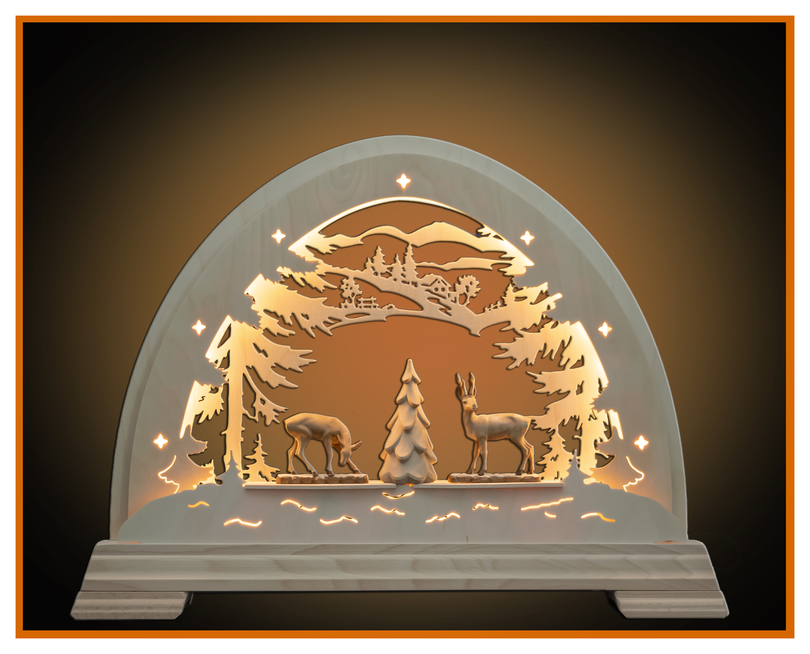 LED Rundbogen 49x42cm mit Reh, Rehbock und Baum
