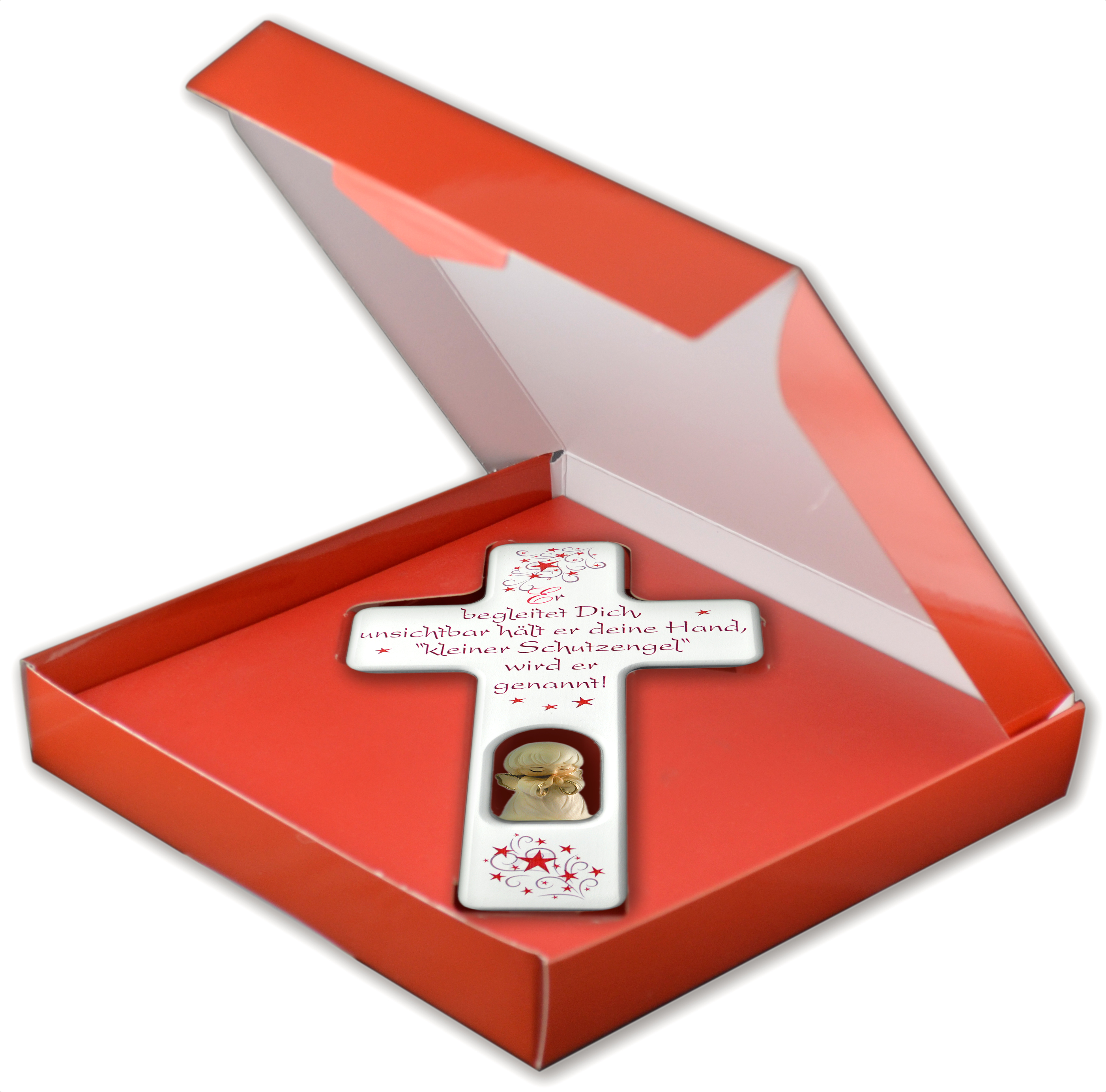 Kreuz weiß mit Engel in Box Er begleitet