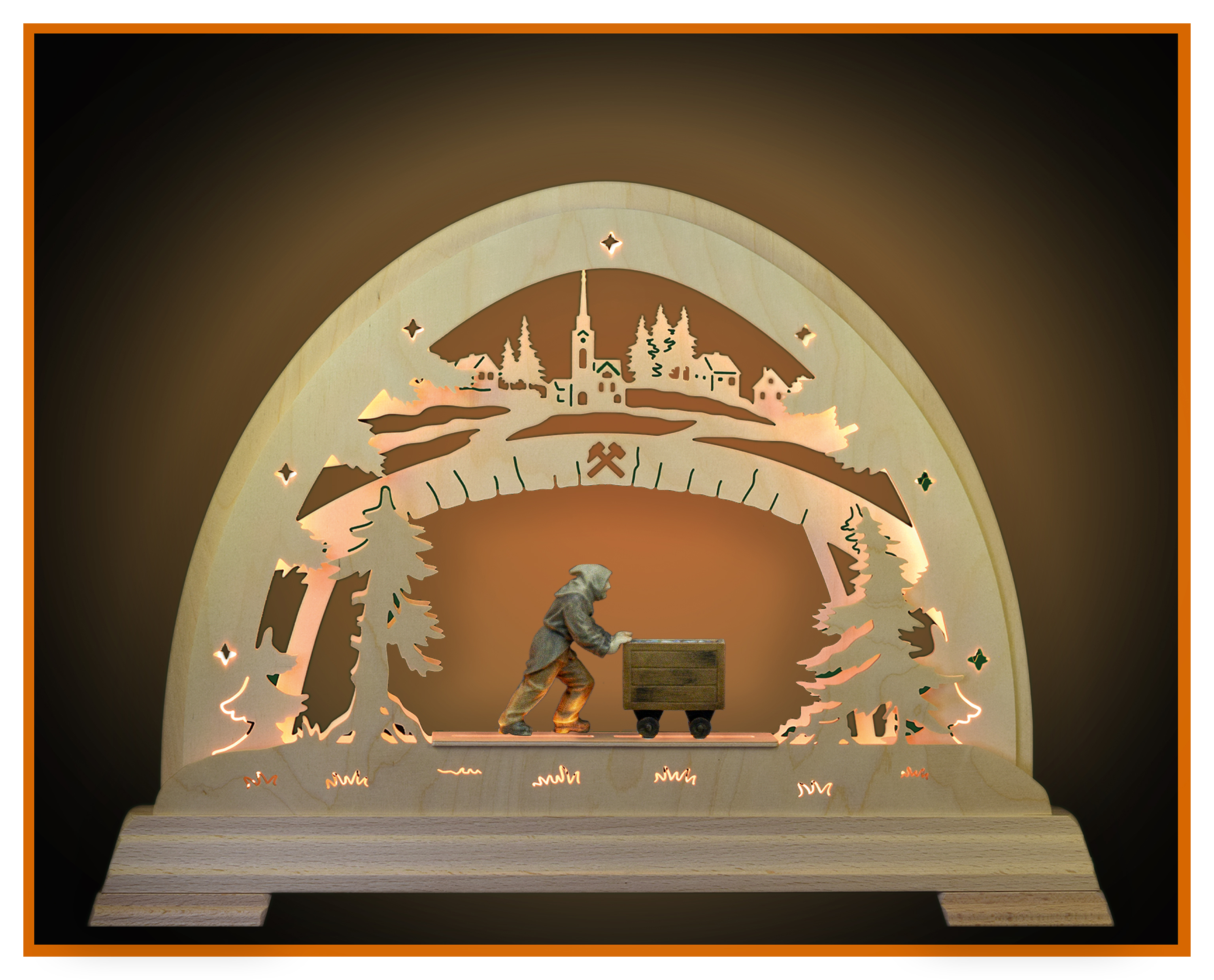 LED Round arch with miner with wagon 49x42cm