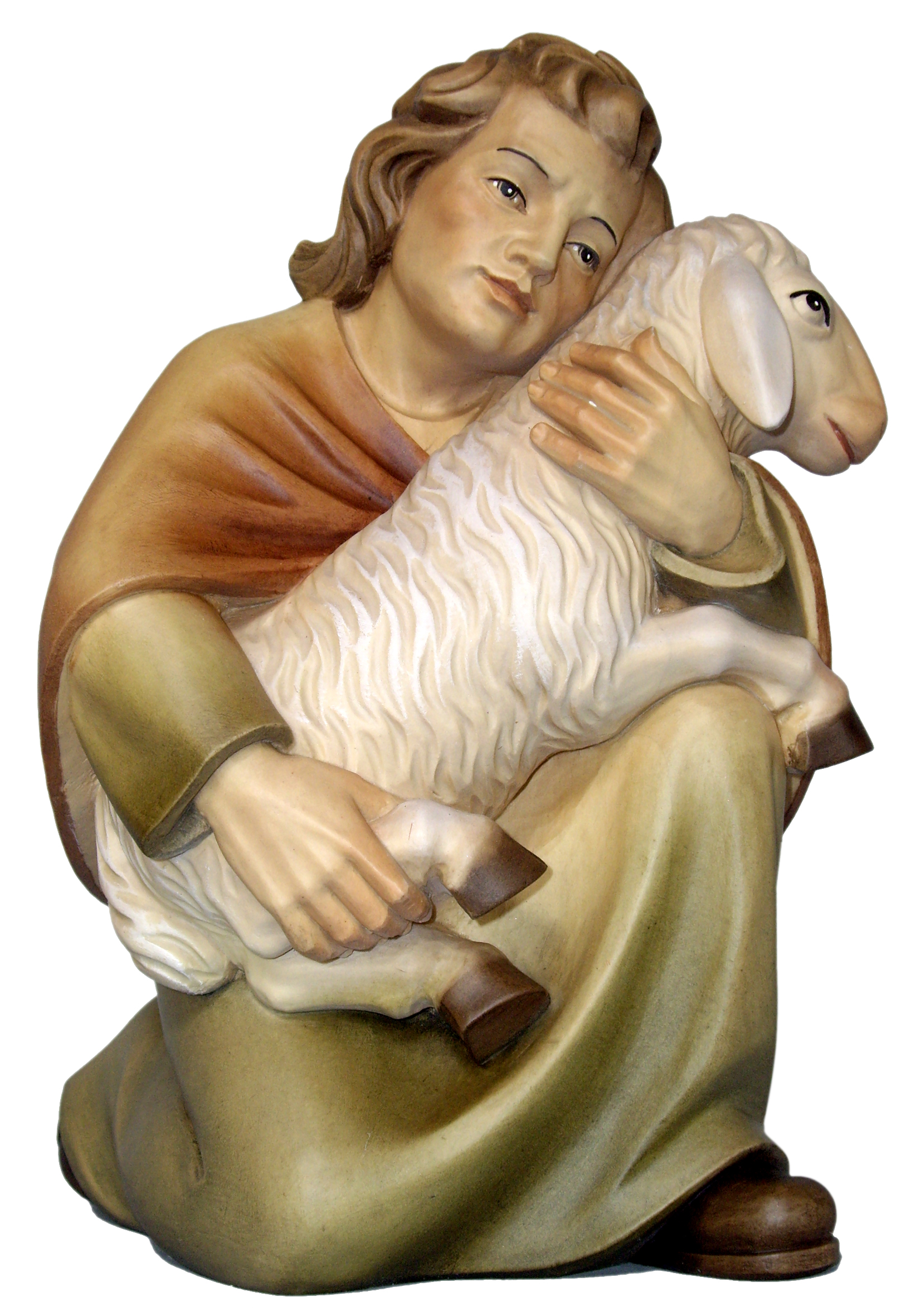 Hirt kniend mit Schaf auf Knie