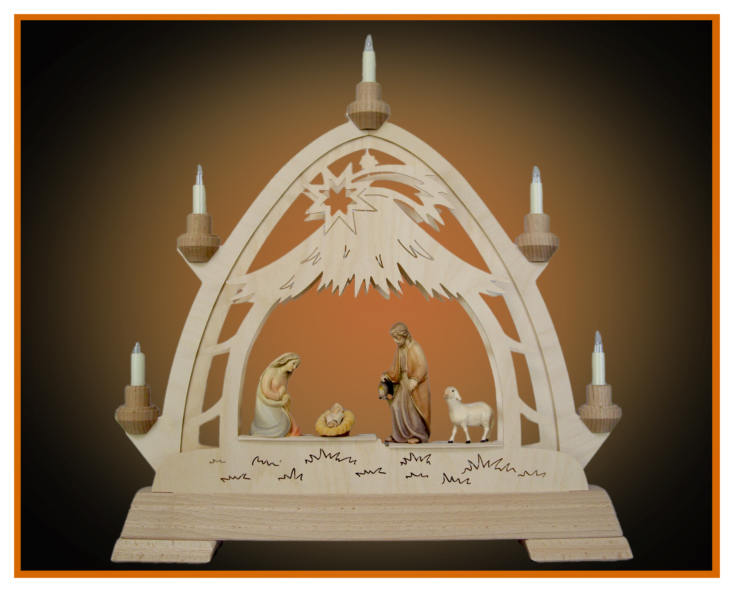 Gothic Arch 42.5x40.7cm+Nativity 9cm+Sheep
