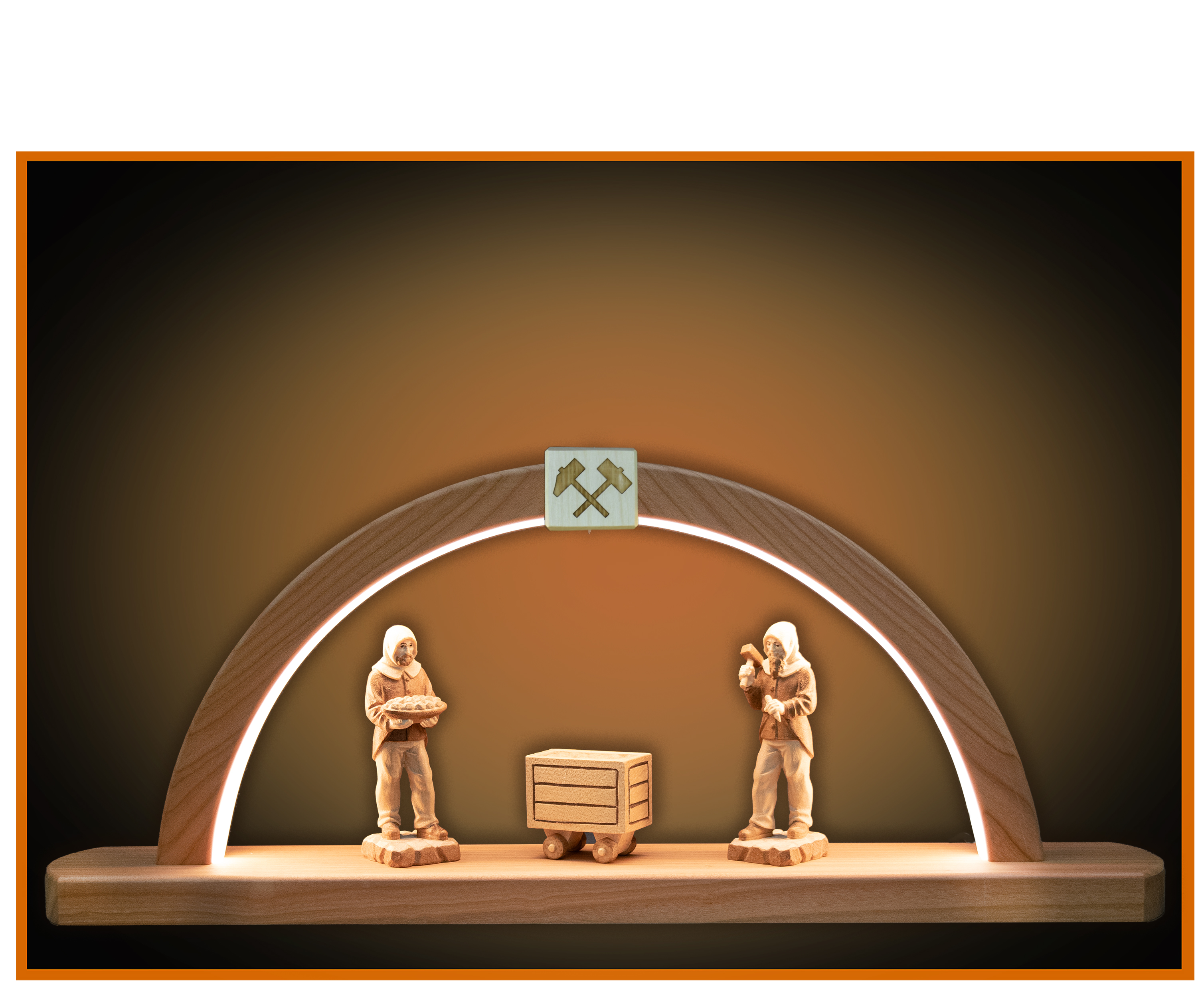 Miners with trolley on arc with LED lights