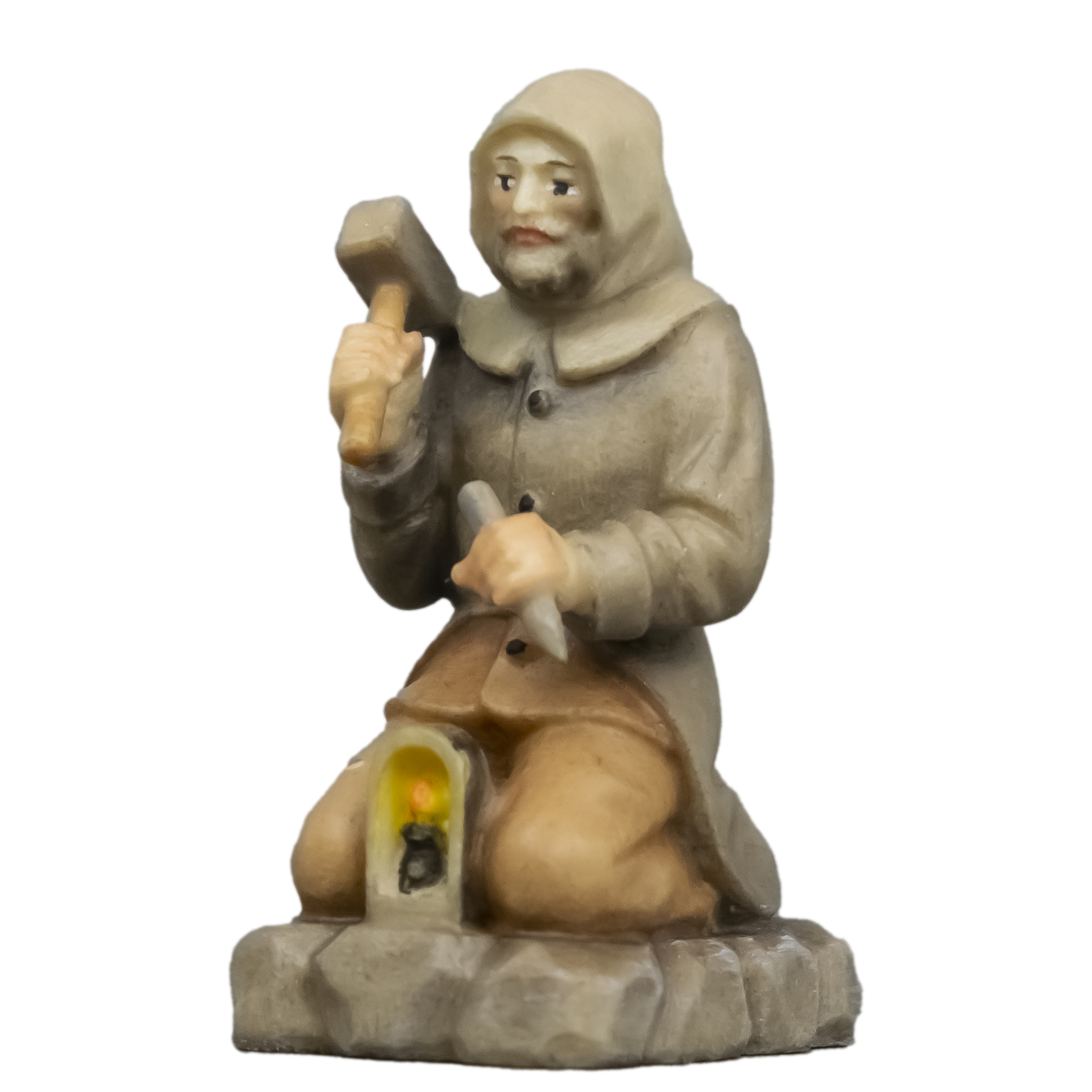 Kneeling miner with hammer and chisel