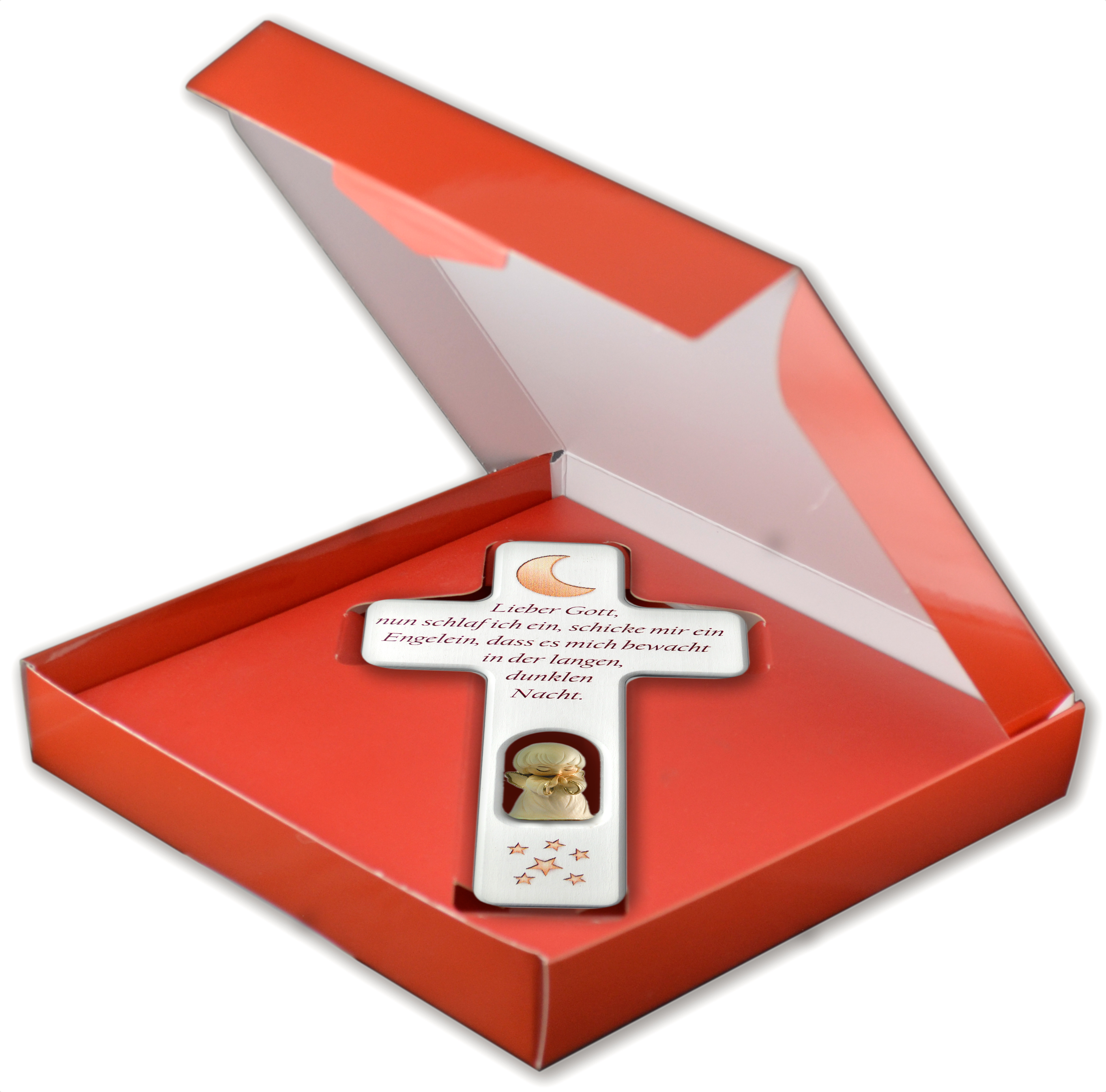 Kreuz weiß mit Engel in Box Lieber Gott