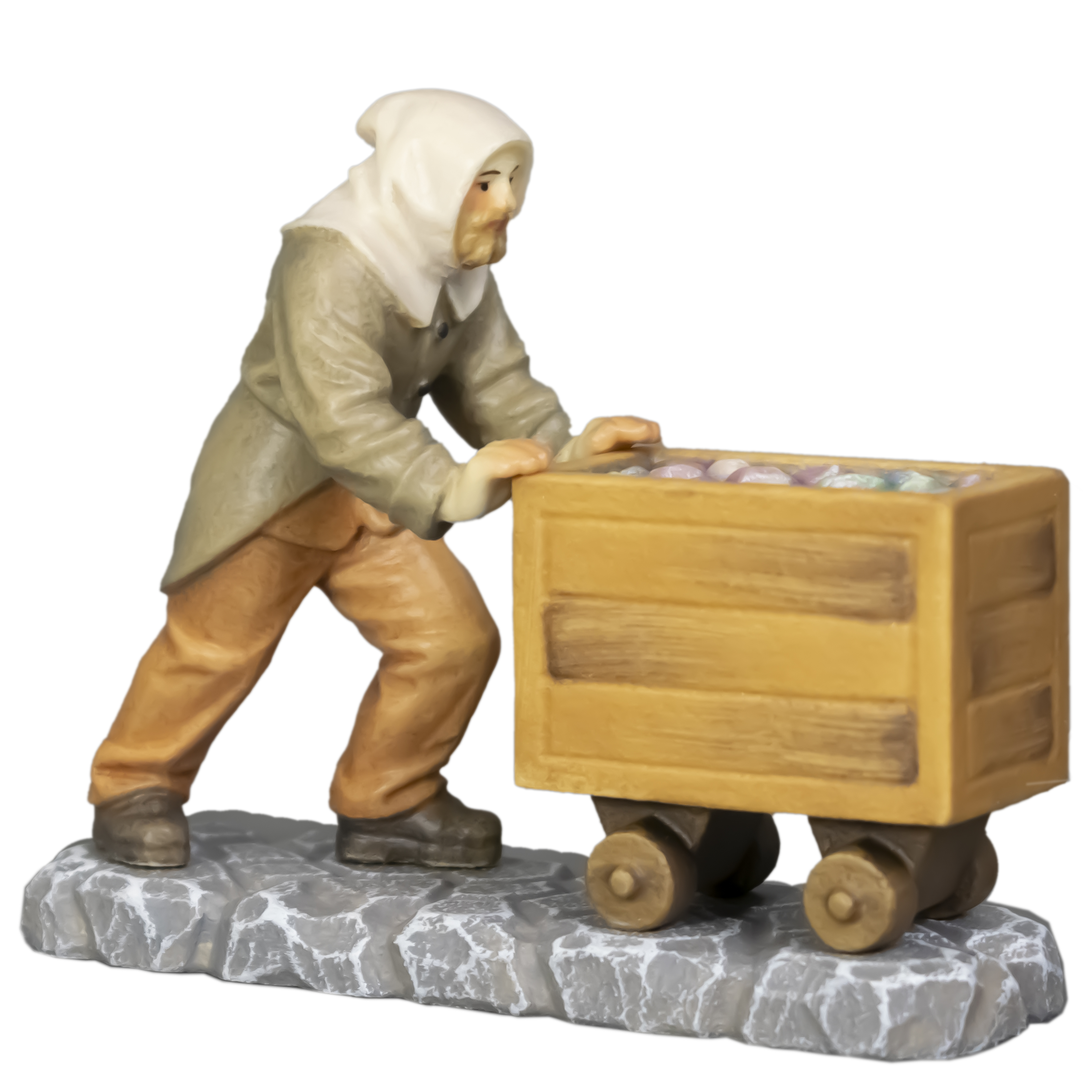 Mountain miner pushes mining cart