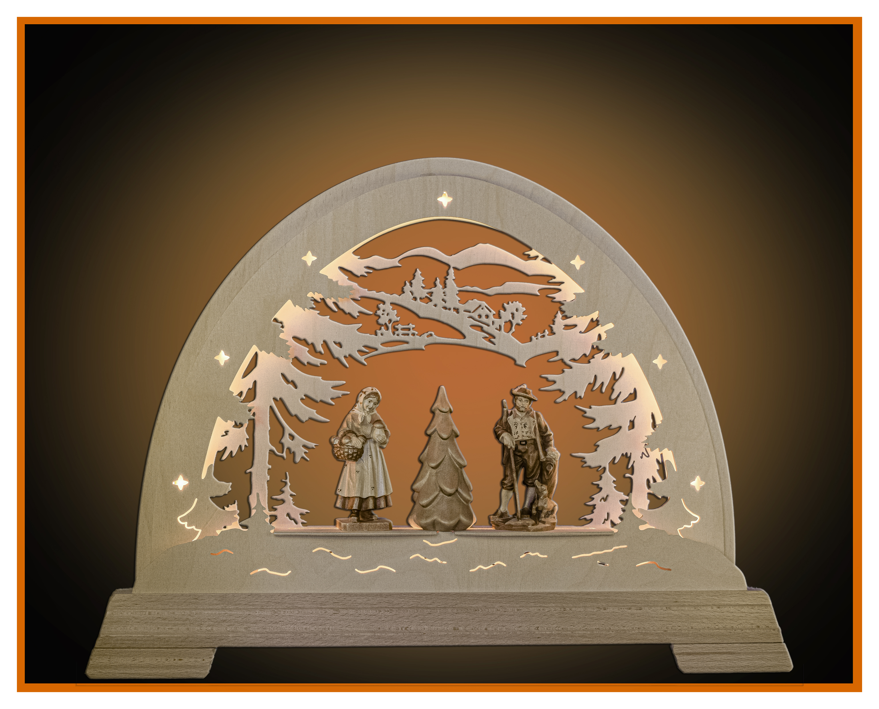 LED Rundbogen Wald 49x42cm mit 2 Waldleute+Baum 10cm