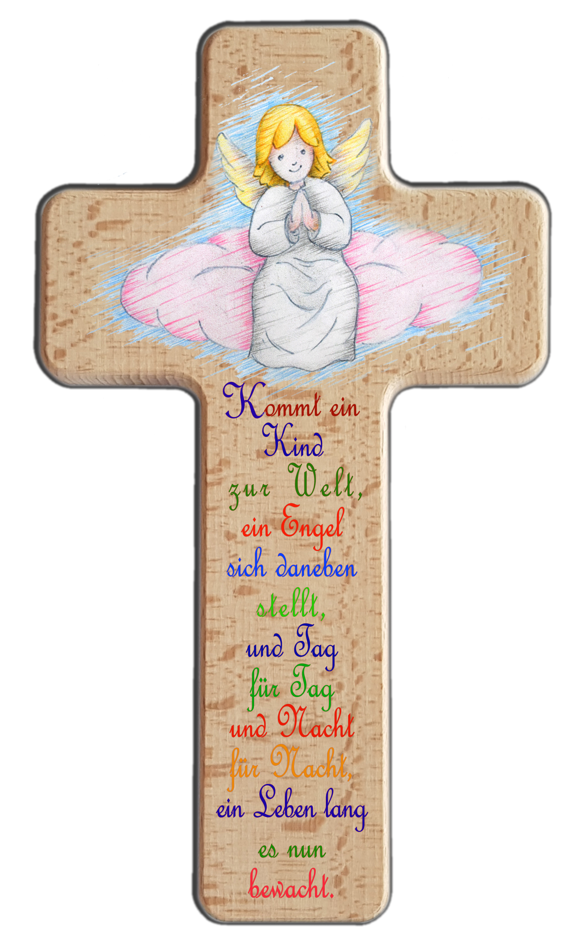 Kreuz bedruckt mit Engel Kommt ein Kind