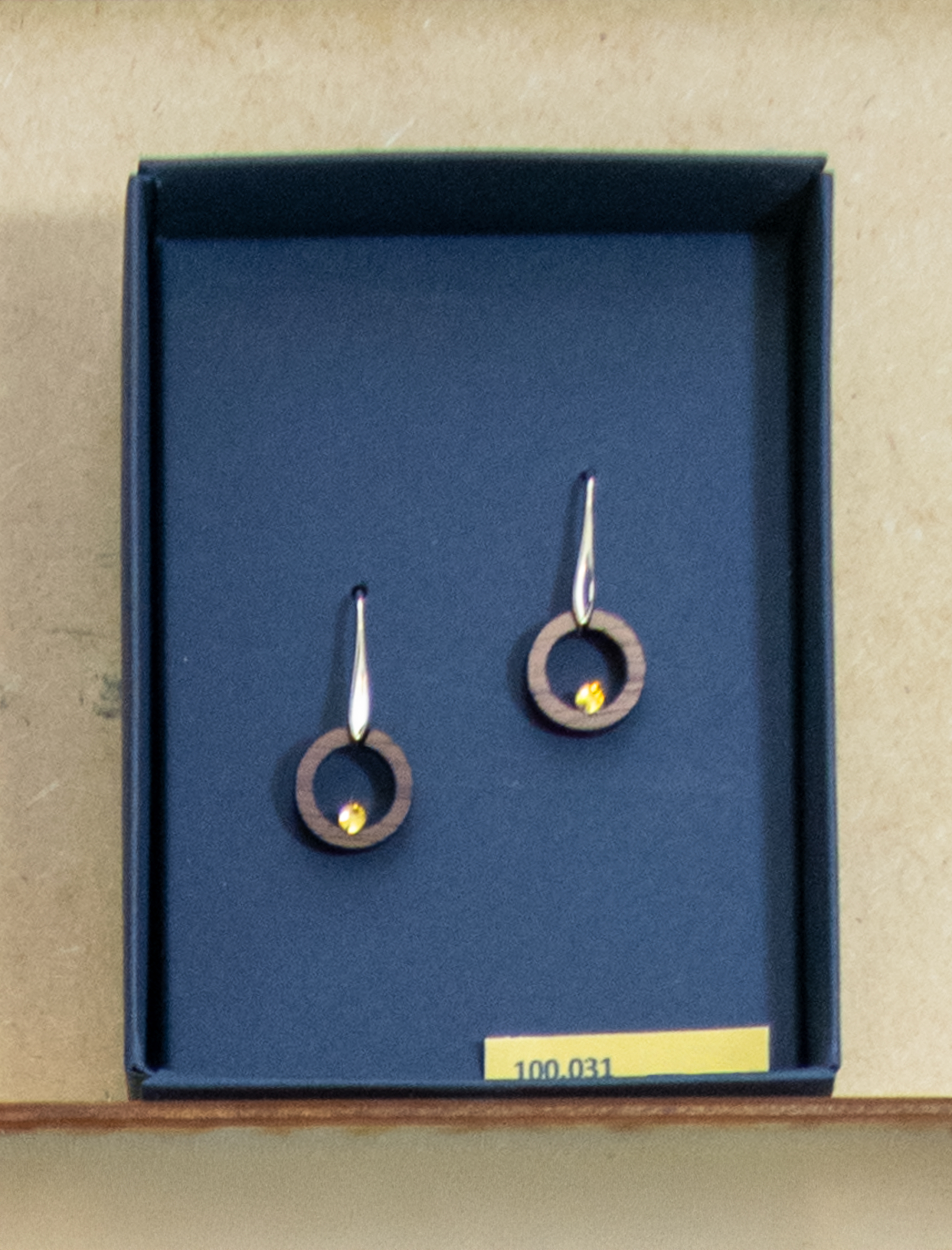 Earrings ‘Walnut ring with yellow rhinestones’